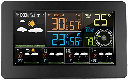 ACMHNC WiFi Wetterstation APP-Steuerung Smart WLAN Thermometer Innen-Außentemperatur Windmesser Regenmesser Luftfeuchtigkeit Luftdruck LCD-Farbdisplay Funkuhr