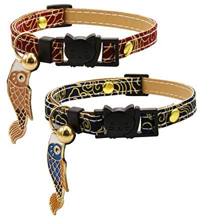 ICICECREAM 2 PACK Breakaway Cat Collar with Bells & Koinobori Japanese Cat Collar Soft Adjustable Cotton & Leather Kitten Collars for Girl Boy Male Female Cats Kitten