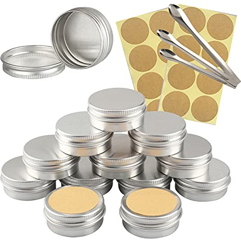 TIANZD 100 Stück Leere 15 ml Rund Silber Aluminium Tins Schraubdose Cremedose Alu-Tiegel Dosen mit Schraub-Deckel 5ml Aludose Blechdosen für Kosmetik Kerze Salben 3x Löffel, 100x Etikette