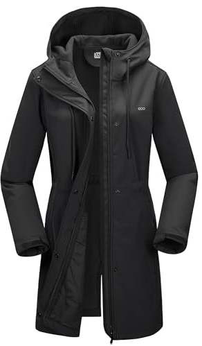 33,000ft Women’s Softshell Jacket with Hood Waterproof Ladies Functional Jacket Fleece Lined Windbreaker Breathable Raincoat Hooded Long Coats for Cycling Hiking Outdoor Black XL