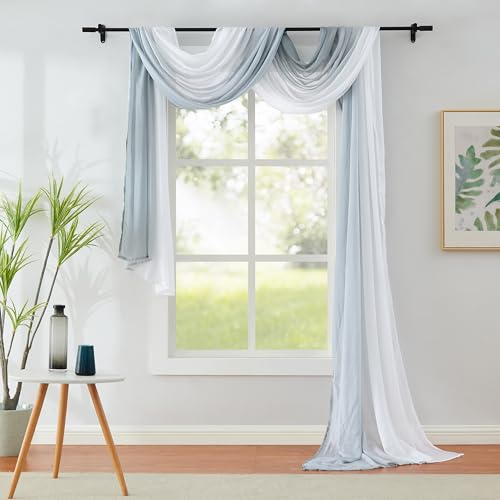 1 Piece Ombre Chiffon Sheer Window Scarf Valance Curtain 18ft for Living Room Bedroom Decor, 216 Inch Long Crinkle Soft Window Sheer Voile Valance for Holiday, Wedding Party Decor, Grey, 52W