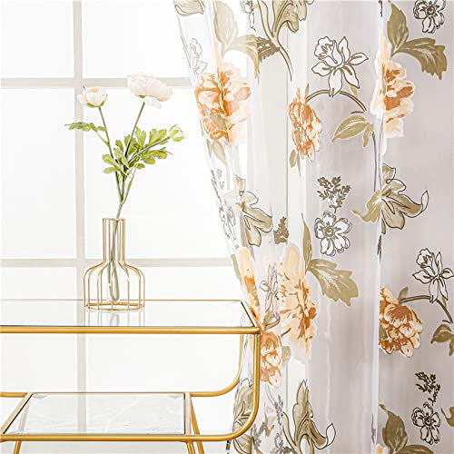 Ösenschal Vorhang Rosa Blume Tüll Gardinen Für Wohnzimmer Schlafzimmer Elegante Fenster Voile Pfingstrose Voile Lila Blumen,Gelb,L100*H130Cm