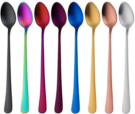 YDware Stainless Steel Latte Spoons Long Handle 8 Color Matte Finish Ice Cream Spoons-7.8 Inch