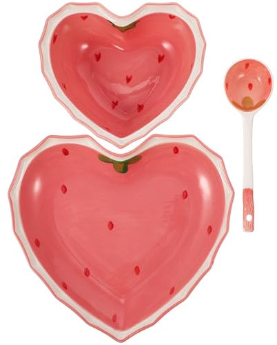 Housoutil Schüsselset Mit Erdbeer-Design Herzförmige Salatschüssel Und Servierlöffel Auf Tablett Für Haushalt Und Küche