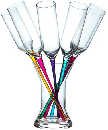 Relsy Rainbow Dipped Champagne Glasses - Set of 6 Stylish Coloured Stemmed Baseless Party Glasses with Vase Holder - Perfect for Wine or Prosecco Parties & Social Events