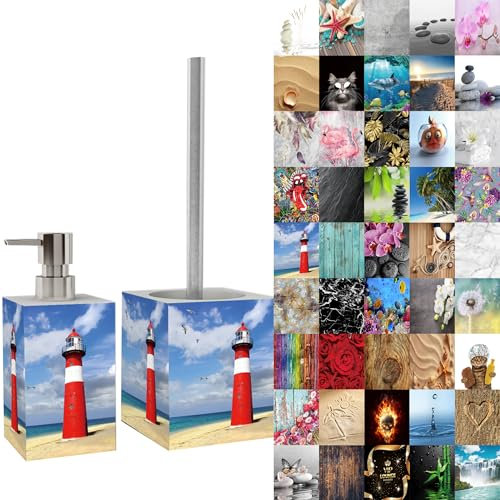 Sanilo Badezimmer Set, Seifenspender und WC Bürste mit Motiv, große Auswahl, Klobürste ohne Bohren, schöne Designs (Leuchtturm)