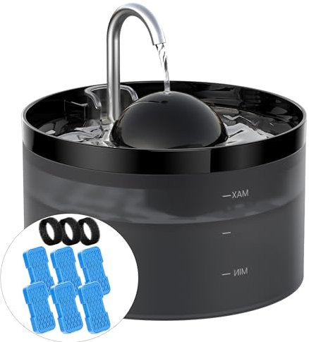 UIOOQ Fuente para Gatos + 6 Filtro + 3 Esponja, Fuente de Agua de Mascotas con Bomba Ultra Silenciosa, Filtro de Carbono Activado Mantenga el Agua Limpia, Capacidad de 2.2L