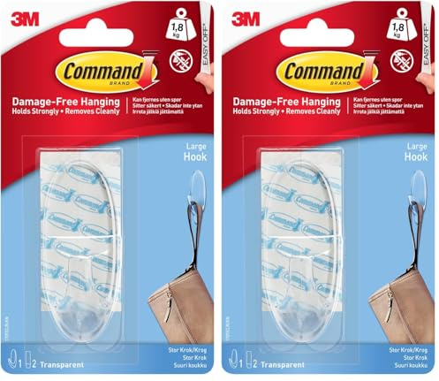 Command Large Hook, Pack 1 Hook and 2 Adhesive Strips, Transparent - Damage Free Hanging - Holds up to 1.6kg (Pack of 2)