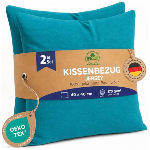 leevitex Kissenbezug 40x40cm (2er Set) - Petrol - 100% Baumwolle Jersey | Öko-Tex Zertifiziert · Kissenhülle 40x40 · Kopfkissenbezug 40x40 cm · verdeckter Reißverschluss · 170 g/m²