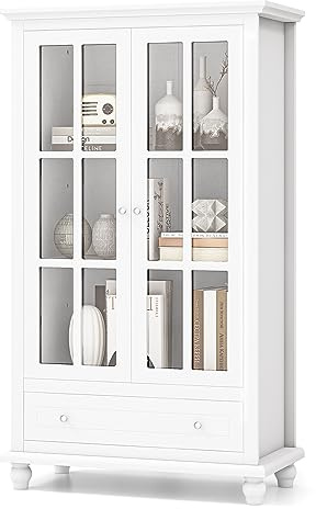 GYMAX Libreria a 3 livelli con Ante in Vetro e Cassetto, Vetrina con Divisori Regolabili, Gambe in Legno Massiccio e Dispositivo Antiribaltamento, Mobile a Muro per Studio, Soggiorno e Bagno