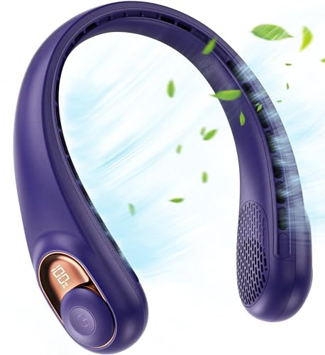 JIAGE Neck Fan, Bladeless Wearable Hands-Free Portable Fan, 5200mAh Rechargeable, 360° Cooling with 3 Speeds, Ultra-Quiet Personal Fan LED Display, Idea for Home, Office, Travel, Sports- Purple