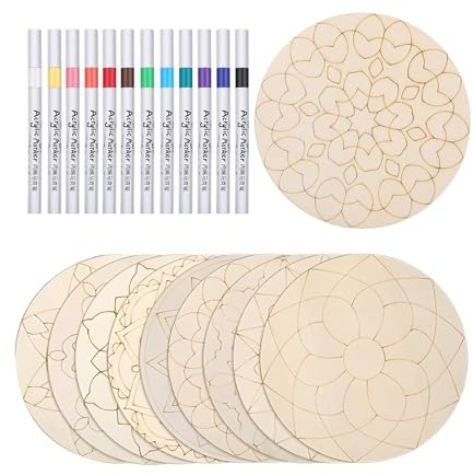 Baoblaze Kit di Pittura Mandala in Legno con Ritagli di Legno Grezzi E Pennarelli Colorati