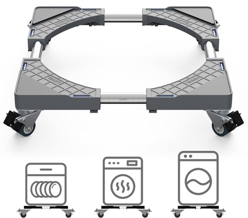 DEWEL Base con Ruote per Frigorifero Regolabile 43-66 cm, Grigio | Acciaio inox ed EVA, 4 ruote bloccabili, carico 200 kg; per frigorifero, lavastoviglie, cantinetta e mobili.