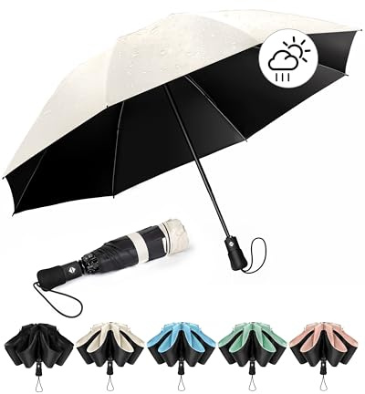 Chakipee Parapluie Pliant inversé Compact Anti UV- Parapluie Femme Automatique Resistant Vent, Parapluies de Voyage Portables, Revêtement en polyester 210T, Portée 97 cm, 8 Sections