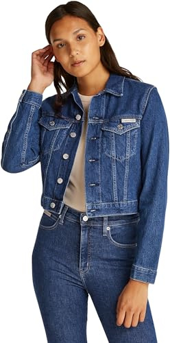 Calvin Klein Donna Giacca in Jeans Cropped 90’S Denim Trucker con Taschini sul Petto, Blu (Denim Medium), S