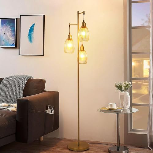 kaixunl Goldene Stehlampe, Eisen-Stehlampe Vintage-Stehlampen Vogelkäfigförmige Stehlampen Geeignet Für Den Einsatz Im Wohnzimmer, Schlafzimmer, Arbeitszimmer Und Büro, Drei Lampenköpfe E27 H160cm