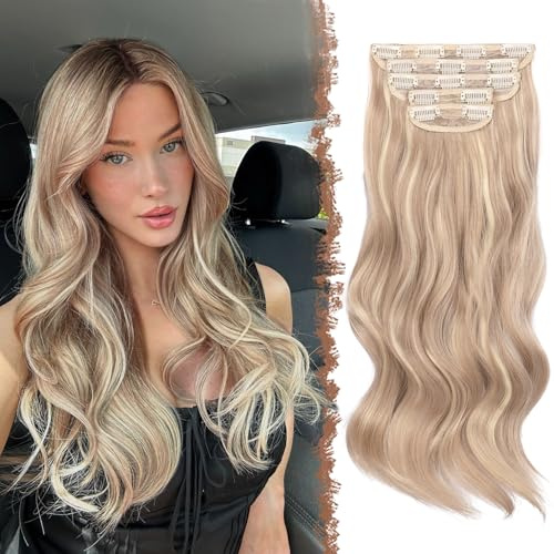 FESHFEN Clip in Extensions Wellig Haarverlängerung, 5 PCS Lang Gewellte Haarextension mit Clips Synthetik Haarteil Dreckiges Blond Haare Extension für Damen, 50 cm