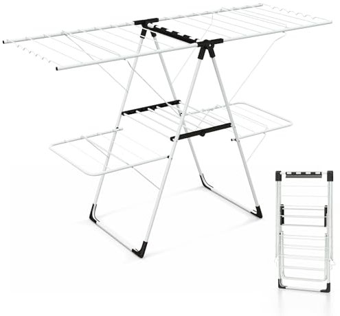 COSTWAY Foldable Clothes Drying Rack, 2-Level Clothes Airer Dryer Horse with Height-Adjustable Wings, 33 Rails & Sock Clips, Stainless Steel Freestanding Laundry Rack for Indoor Outdoor (White)
