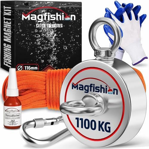 MAGFISHION Magnetfischen Set - 1100 KG (2x 550kg) - Ø116mm - Magnet Fischen | Neodym Magnet mit Seil (20M) & Handschuhe - Ösenmagnet Angel - Fishing Magnetangel - Magnetangeln Set