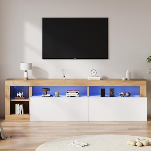 BTM Meuble TV Blanc avec Eclairage LED, Meuble Tele avec Rangement Ouvert, Meuble Télé 180cm de Longueur, pour Max 80 Pouces, 184x42x58cm, Blanc et Bois Naturel