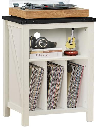 Plattenspieler Ständer mit Vinyl-Plattenständer,Weiß | Plattenspieler Tisch hält bis zu 160 Alben,Großes Holz Plattenspieler Ständer Schrank Dispaly Regal für Wohnzimmer