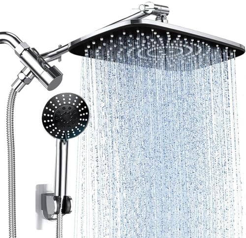 Alcachofa de ducha de lluvia de alta presión con 5 modos, regadera ajustable, barra de ajuste inteligente, filtro de cabezal de ducha, manguera de acero inoxidable y soporte estable para baño