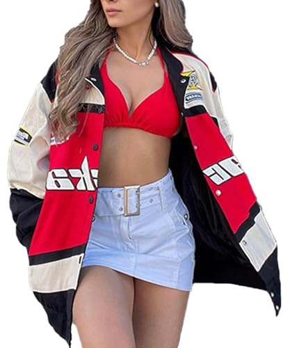 Goolecrimp Women's Spring Embroidered College Style Varsity Baseball Jacket 90's Vintage Racing Sequins Zipper Long Sleeve Sweat Jacket With Pockets