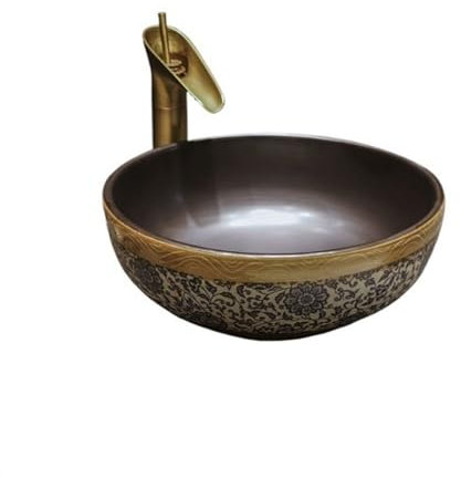 PUFAHAU Lavabo de baño, Lavabo de cerámica, Lavabo de Arte Antiguo, Lavabo Redondo de encimera, Lavabo de balcón, lavabos de baño, lavabos de tocador sobre encimera