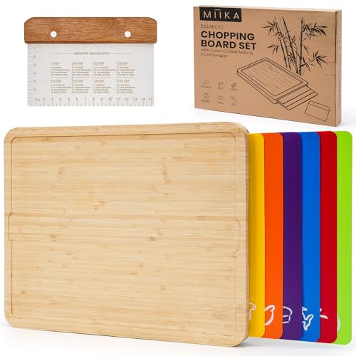 Miika Bamboo Chopping Board with 6 Colour Coded Mats & Bonus Food Scraper – Large Bamboo Cutting Board for Kitchen – Chopping Station for Meat, Vegetables, Fish, Bread & More