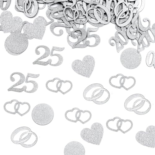 100 Stk Streudeko Silberhochzeit Glitzer Konfetti, 5 Stile mit Zahl 25, Zahl 2000,Ring, Herz-Muster und Kreise,Tischdeko Silberhochzeit Deko für die Jubiläum 25 Jahre