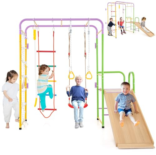 HOMASIS 8 in 1 Parco Giochi con Scivolo, Altalena, Parete per l'Arrampicata, Stanghe per Scimmie, Scala, Corda, Anelli da Ginnastica e Arrampicatore, Palestra in Metallo per Bambini dai 3+ Anni