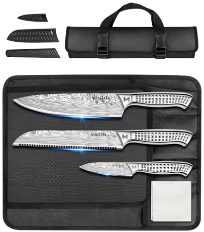MOSFiATA Messerset 3-tlg, Scharfes Küchenmesser Set mit Tasche Messerschutz | Profi Messer Knife Set aus Edelstahl mit Ergonomischer Griff und tragbare Messertasche
