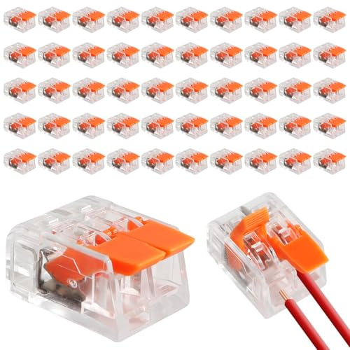 Lot de 50 connecteurs de câble à 2 broches - Bornes de câble électriques réutilisables - Avec levier de commande - 0,14-4,0 mm² - Bornes de raccordement pour câble fixe