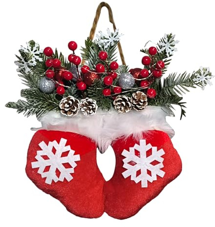 Corona De Navidad con Luz con Guantes Calcetín Forma, 30x40cm Corona De Navidad para Puerta, con Ramas De Pino Artificiales, Bayas Rojas Y Piñas Escarchadas, para Decorar Paredes En Fiestas