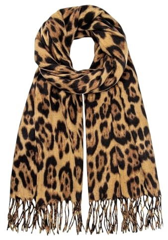 MUNSKT Damen XXL Schal Kuscheliger Klassisch Streifen warmer Leoparden Muster Herbst Halstuch 3 farbiger Fransen Poncho Schal Leo Damen Winter Warme Super Lange Stola Oversized (Kamelhaar)