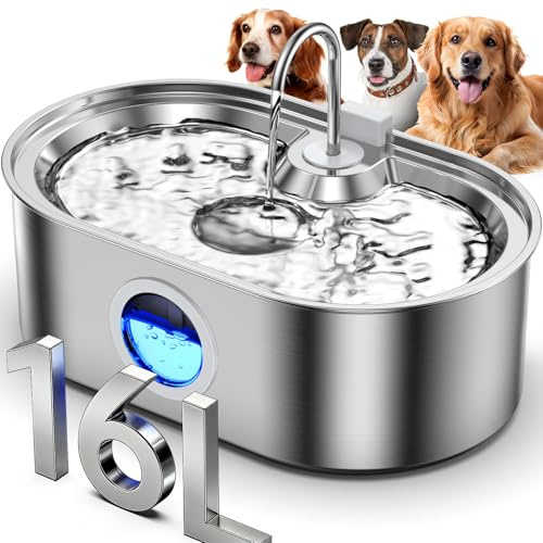 Fontana d'acqua per cani di taglia grande, fontana per cani di taglia grande, in acciaio inox da 16 litri, con area di bere più profonda e più ampia, dispenser per acqua per cani con multi-filtrazione