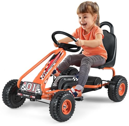 GOPLUS Vehículo de Pedales para Niños, Carrito con 4 Ruedas No Deslizantes, Go Kart con Asiento Acogedor y Freno Manual, 3-6 Años (Naranja)