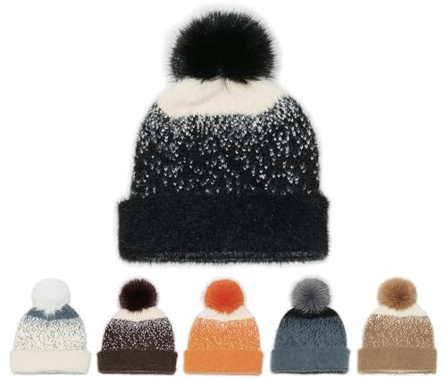 Womens Winter Knitted Beanie Hat with Faux Fur Pom Warm Knit Skull Cap Beanie Faux Mink Plush Hat Teen Girls Cute Hats Black