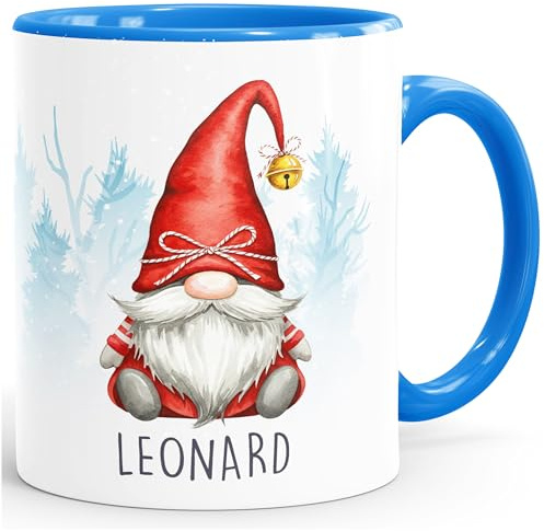 SpecialMe® Tasse Weihnachten Wichtel Grafik personalisiert mit Name Gnomes Weihnachtskobold Geschenkidee Namenstasse Weiss-innen-blau standard