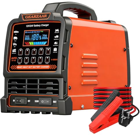12V 24V Autobatterie Ladegerät 0-15A, Auto Ladegerät Batterie mit automatischer Abschaltung, Reparatur- & Wintermodus, für 4–400Ah, LCD Farbdisplay, Smart Erhaltungsladegerät für Auto LKW Motorrad