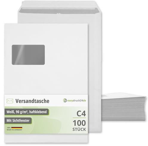 easydruck24de Versandtasche C4 mit Fenster weiß 100 Stk. - az256 | Versandtasche mit Fenster 22,9 x 32,4 cm, selbstklebender Verschluss, grauer Innendruck für Sichtschutz