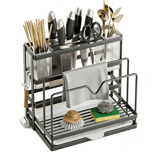 Homeily Kitchen Knife Block Holder, 5-in-1 Multifunctional Kitchen Storage | Organiser with Chopstick Holder & Lid Rack, Space Saving Countertop Utensil Caddy for Tableware, Kitchenware
