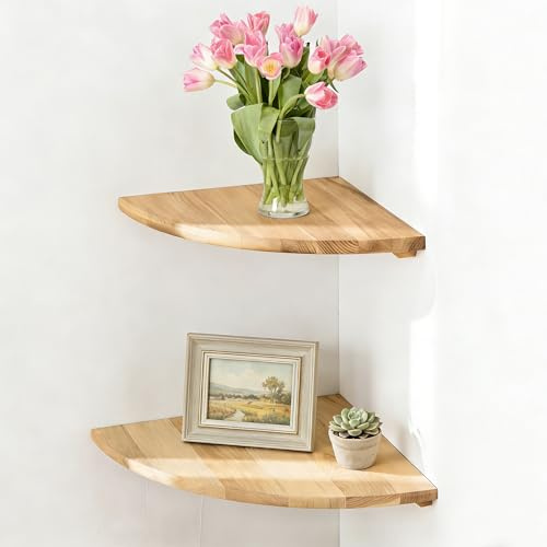 Zyronn 2er Set Eckregal Massiv Eichenholz, 7 Zoll Hängeregal Wandmontiert, Rustikale Holz Wandregal für Pflanzen & Fotos, Eckregal Hängend für Schlafzimmer Küche Wohnzimmer