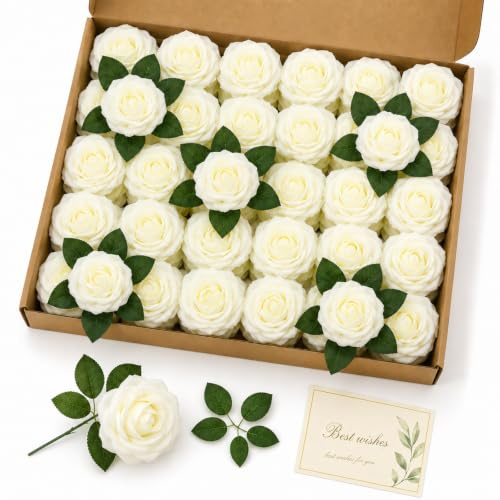 XLTXWD 31PCS White Roses, White Roses Artificial Flowers, Artificial Roses with Gift Card, Roses Artificial Flowers with Stem for Home special events Bouquets Decor