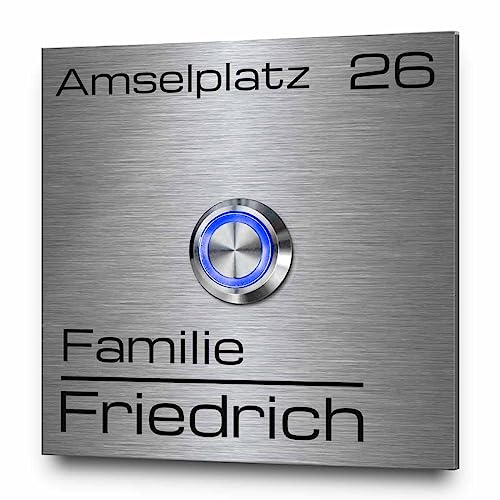 CHRISCK design - Edelstahl Türklingel mit präziser Gravur und modernem Led-Drücker - Klingel Modell Friedrich ab 8x8 cm | Motivauswahl und optionale Acrylglasplatte