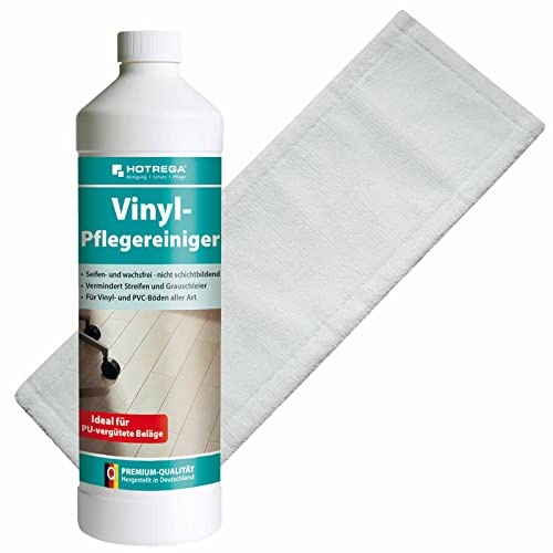 HOTREGA Vinyl Reiniger Set | 1L Konzentrat & 40cm Microfasermopp | | Für PVC, Designbelag, Kautschuk & Gummiböden | Streifenfreie Reinigung ohne Schichtbildung | Bis zu 1000m&sup2; Ergiebigkeit