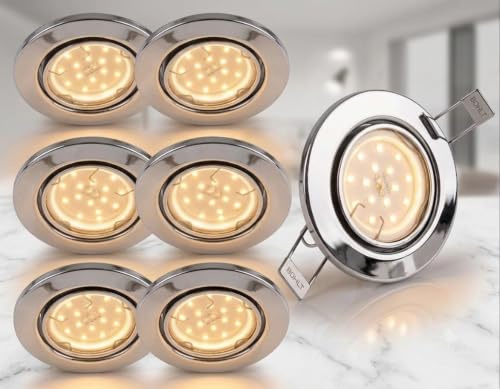 Trango 6er Set 6729-068MOSD LED Einbaustrahler in Chrom-Optik Rund inkl. 6x 5 Watt 3-Stufen dimmbar Ultra Flach LED Modul Leuchtmittel 3000K warmweiß, Einbauleuchte, Deckenstrahler, Deckenleuchte