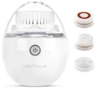 YOUTHLUX Pure Radiance, Vibrating Facial Cleansing Brush, Electric Face Scrubber, 3 Modes, 3 Brush Heads (2 Bristle,1 Silicone), Waterproof, Rechargeable, Smart Timer, Exfoliating, Massage (Silver)
