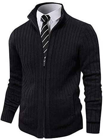 Pioneer Camp Men's Full Zip Up Sweaters Cardigan Stand Collar Slim Fit Casual Knitted Sweater with 2 Front Pockets (Black, L)