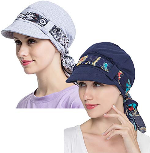 JarseHera Chemo Hüte für Frauen Bambus Baumwolle Gefüttert Newsboy Caps mit Schal Doppelschlaufe Kopfbedeckung für Krebs Haarausfall, Marineblau+grau, Einheitsgröße